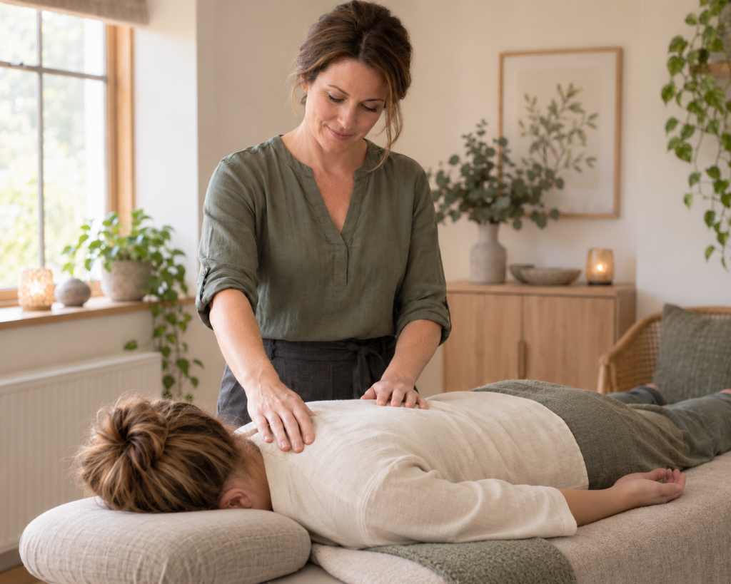bowen-therapist-applying-a-gentle-upper-back-movement-to-a-client-lying-face-down
