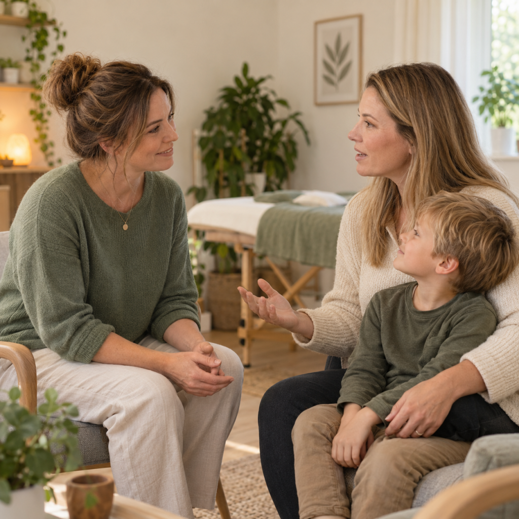 Therapist listening to a parent and child during a calm family-centred consultation